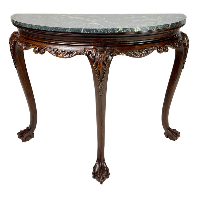 Vintage Chippendale Style Carved Mahogany Green Marble Top Demilune Console Table For Sale