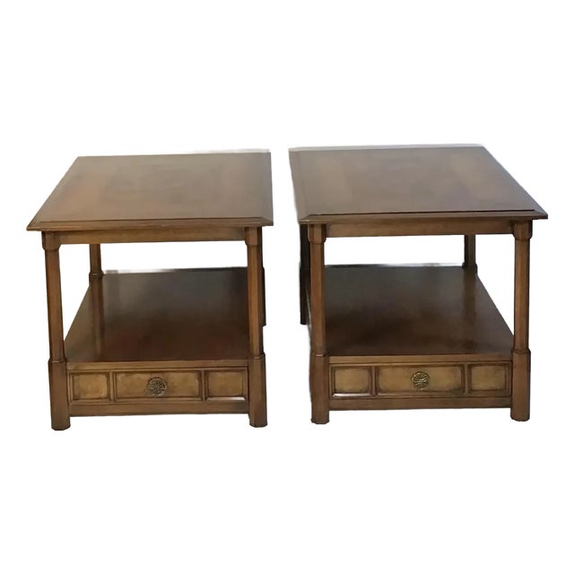 Pair of Hekman Furniture Two Tier Burl Maple Walnut End Tables, Mid-Century Modern For Sale