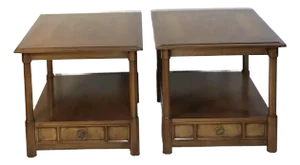 Pair of Hekman Furniture Two Tier Burl Maple Walnut End Tables, Mid-Century Modern