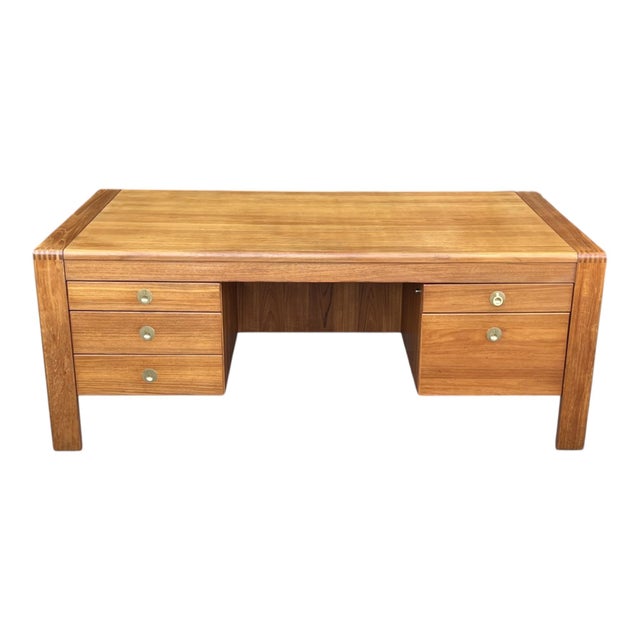 Mid-Century Modern Mid-Century Modern Teak Executive Desk – Danish Style Double Pedestal Desk With Brass Pulls For Sale - Image 3 of 17