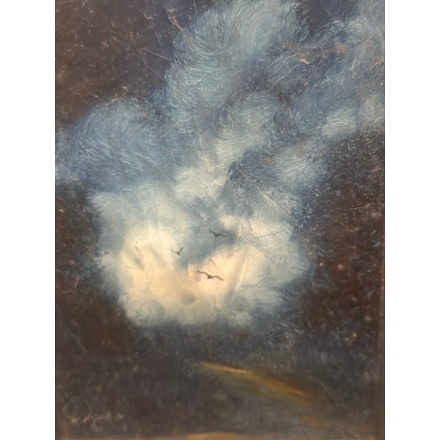 A charming small vintage oil painting depicting a dramatic cloud-filled sky rendered in rich shades of blue and white. The...