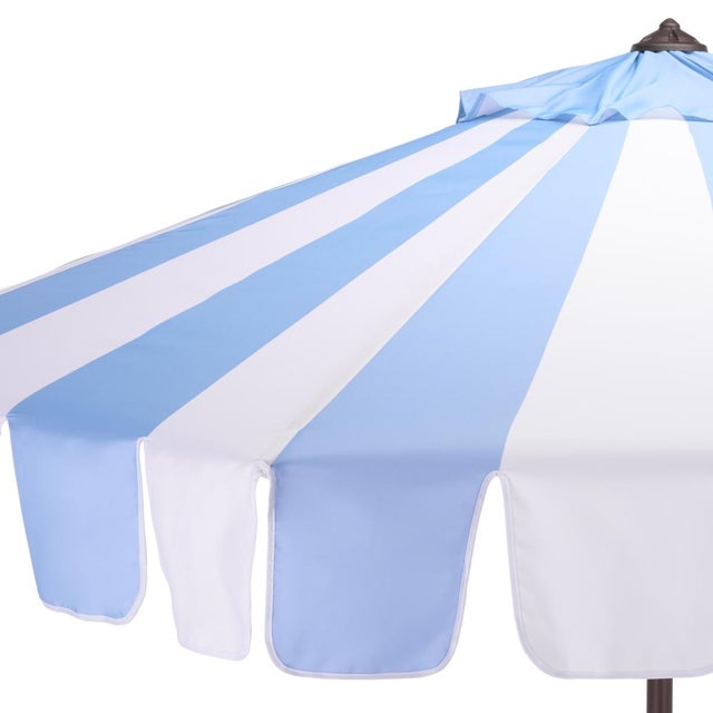 Spritely Home Meze 9 Ft Crank Umbrella, Baby Blue Cabana Stripe/Brown Pole For Sale - Image 4 of 9