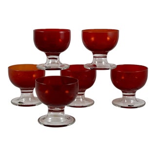 Mid-Century Murano Italian Blown Glass Ruby Red Pedestal Coupes S/6 For Sale