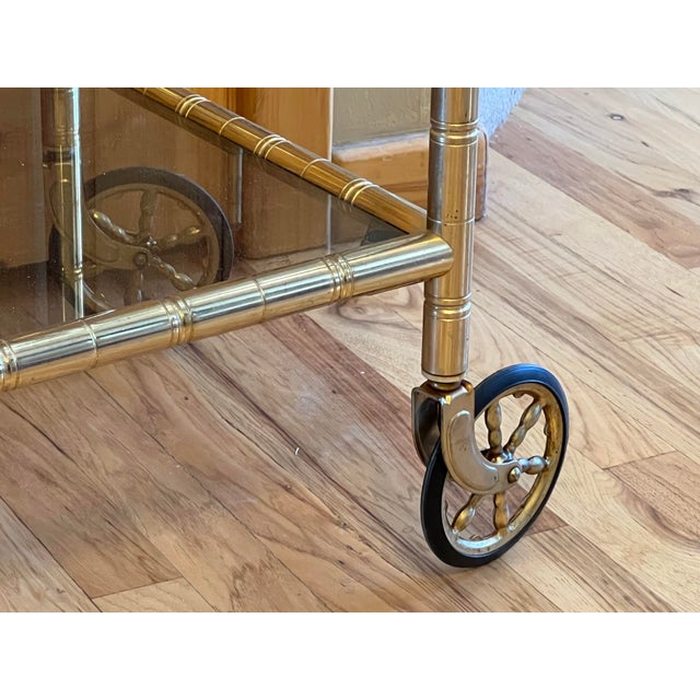 Metal Mid Century Modern French Brass Faux Bamboo 2-Tier Bar Drink Cart Glass Shelves For Sale - Image 7 of 11