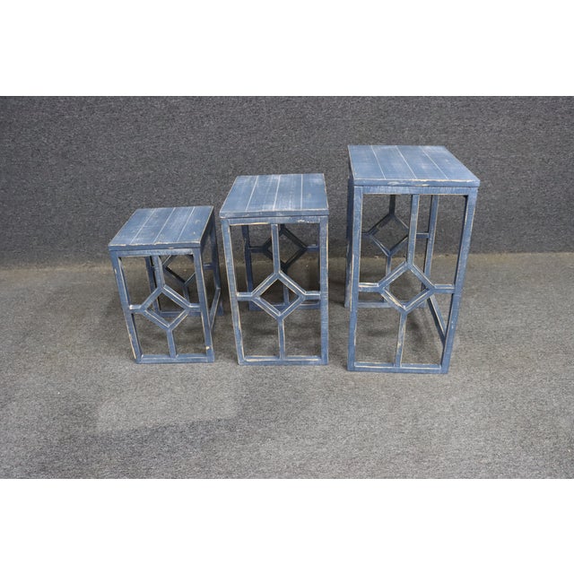 2010s Distressed Blue Graduated Nesting Tables With Geometric Open Base – Set of 3 For Sale - Image 5 of 11