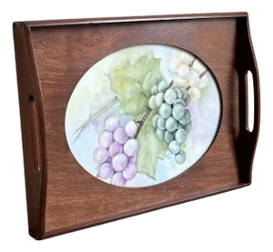Vintage Limoges-Style Hand Painted Porcelain & Wood Tray