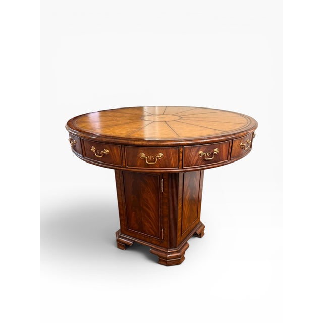 Brass Vintage Maitland-Smith Rotating Rent Table / Drum Table in Mahogany & Burlwood – Alphabetized Drawers – 42” Round For Sale - Image 8 of 18