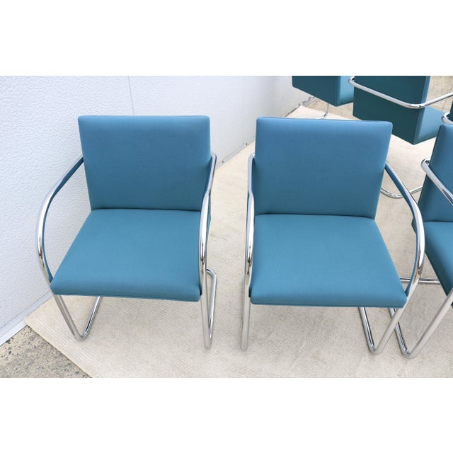 MCM Ludwig Mies Van Der Rohe Brno Tubular Chairs Blue Fabric by Gordon, Set of 6 For Sale - Image 14 of 18