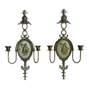 Early 1900’s Wedgewood Style Original Painted Mixed Metal Double Candle Sconces - Set of 2