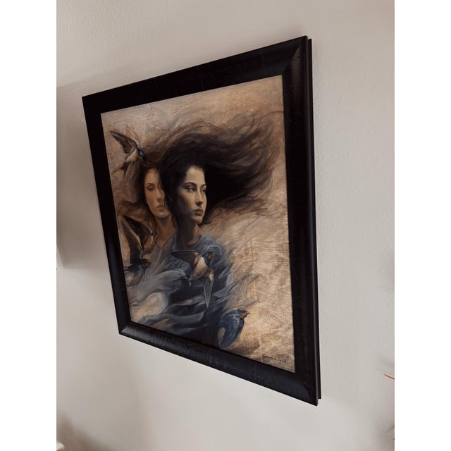 This oil on wood painting features two figures, their expressions intertwined with a sense of introspection and...