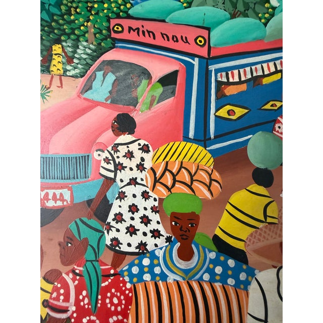 M. Bazile Haitian Folk Art Market Scene Oil on Masonite Board – Framed For Sale - Image 10 of 12