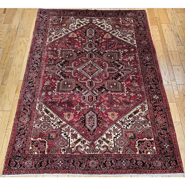 Vintage Persian Heriz Rug, Hand-Knotted Wool, Geometric Medallion Pattern, Red & Navy, 8x10 For Sale - Image 10 of 10