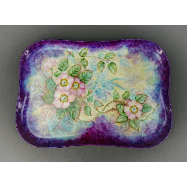 Limoges France Hand Painted Floral Porcelain Platter Vanity Tray Plate. Measures approximately 11 1/2" long, 8" wide, 1"...