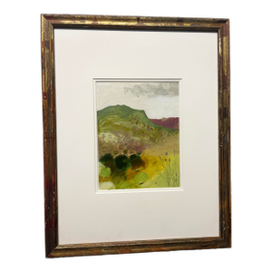 1990s Josette Urso, “Pink Green Mountains” , Oil on Paper Abstract Scene