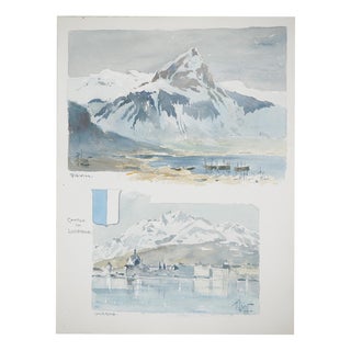 René Leverd, Switzerland, Mont Blanc from Lucerne, Watercolor For Sale