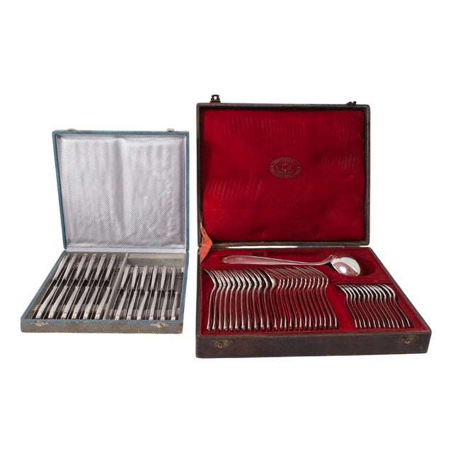 Antique French Cutlery Set for 12 with A.R. Initials by François Frionnet, 1940s, Set of 61 For Sale
