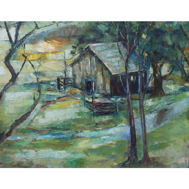Beautiful California landscape of a creek running through the woods near an old barn by San Francisco artist Bonita...