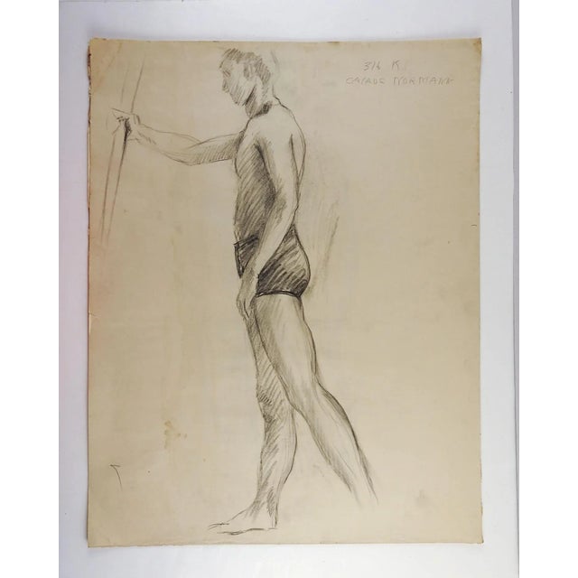 Pencil and charcoal line drawing figure study by Charles Berkeley Normann. Signed upper right corner, age toning, edge...