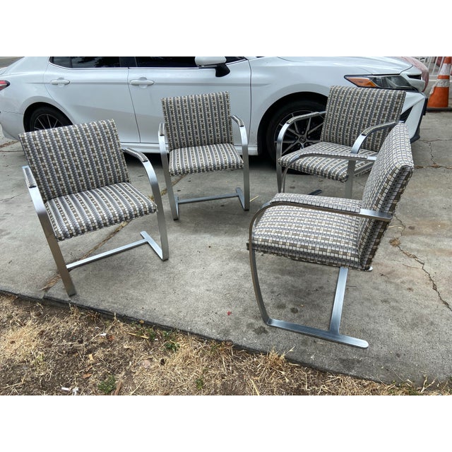 Mid-Century Modern 2003 Set of 4 Mies Van Der Rohe for Knoll Flat Bar Brno Arm Chairs Grid Fabric Pattern For Sale - Image 3 of 15