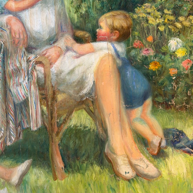 Green 1960s Impressionist Oil Painting: Listed Maine Artist Emily Muir (1904–2003) Large Figural Garden Scene With Mother and Children, Oil on Canvas For Sale - Image 8 of 8