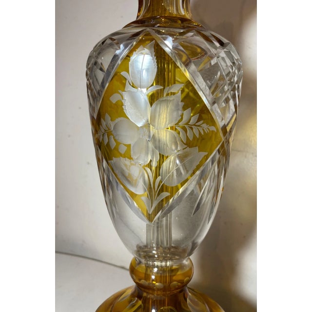 Antique Cut to Clear Bohemian Czech Orange Clear Glass Crystal Table Floral Lamp For Sale - Image 9 of 11