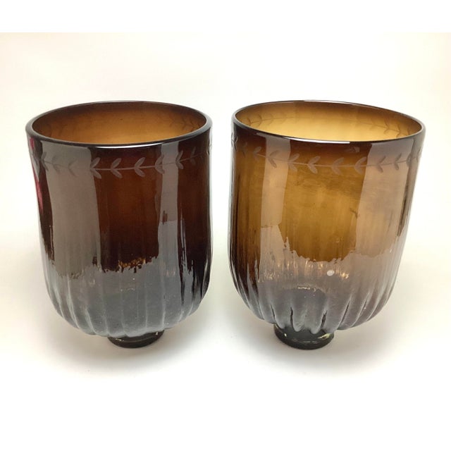 Late 20th Century Fabulous Pair of Jan Barboglio 29” Tall Iron and Amber Glass Hurricanes For Sale - Image 9 of 12