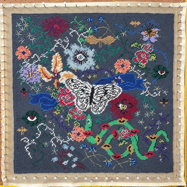 Dark Gray Hand-Embroidered "Nightswimming" Original Needlepoint Canvas, One of a Kind For Sale - Image 8 of 8