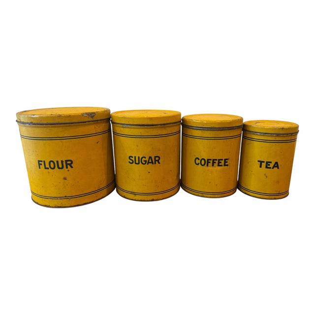 Early 20th Century Bright Yellow Enamel Flour, Sugar, Coffee & Tea Kitchen Canisters – Set of 4 Add an instant burst of...