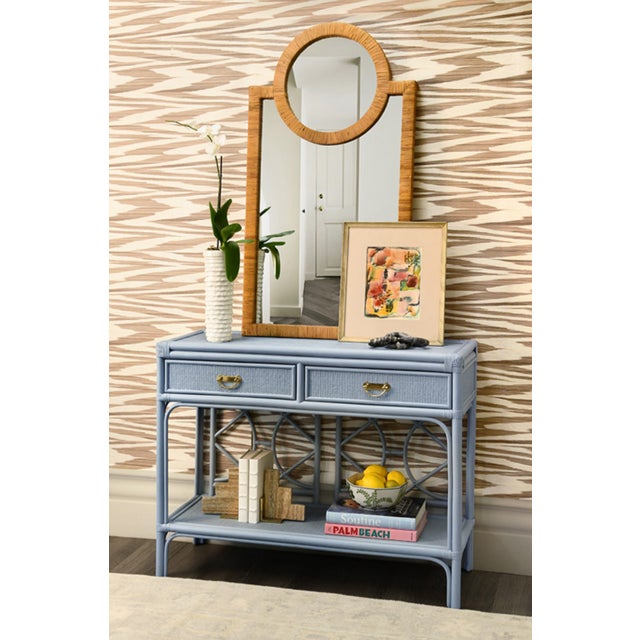 2020s Matthew Izzo Home Gideon Light Blue Painted Rattan Two Drawer Console With Decorative Back and Polished Brass Hardware For Sale - Image 5 of 10