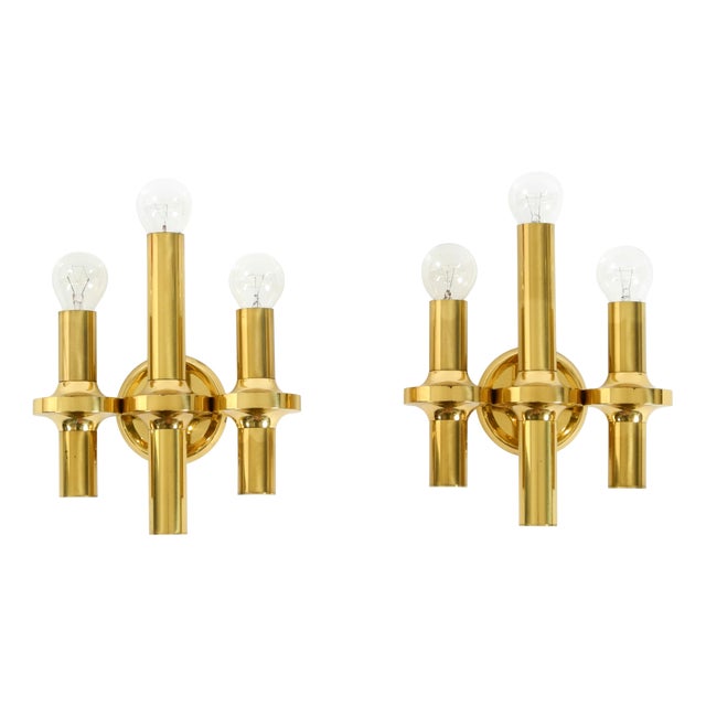 Three-Arm Brass Wall Lamps, 1960s, Set of 2 For Sale