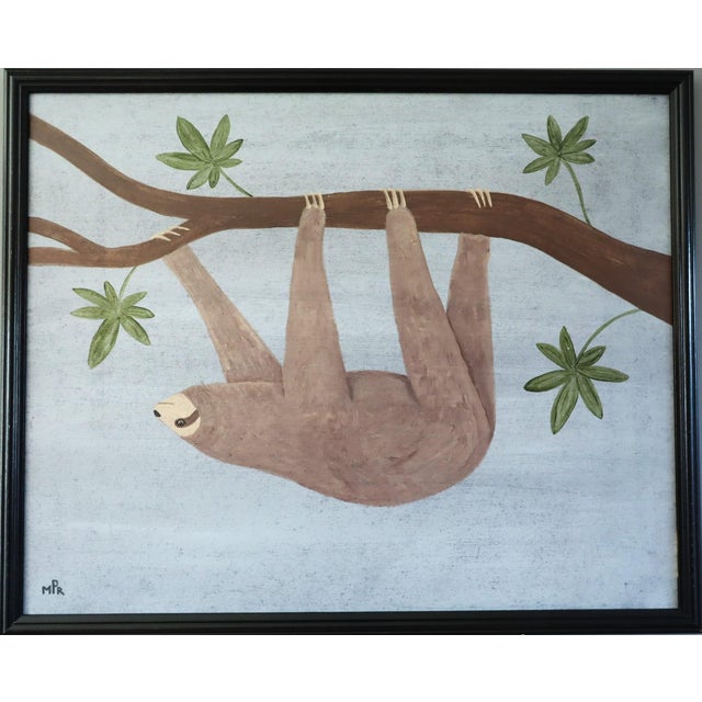 HANGING SLOTH Size: 17.3 x 21.3 inches (including frame) Oil on board A contemporary painting that presents a whimsical...