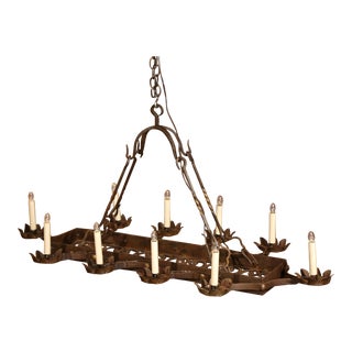 19th Century French Ten-Light Forged Iron Flat Bottom Island Chandelier For Sale