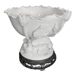 Mid 20th Century Blanc De Chine Porcelain or Ceramic Chinese Lotus Pedestal Bowl With Stand