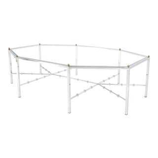 Faux Bamboo Chrome Glass Top Brass Balls Finials Elongated Hexagon Coffee Table For Sale