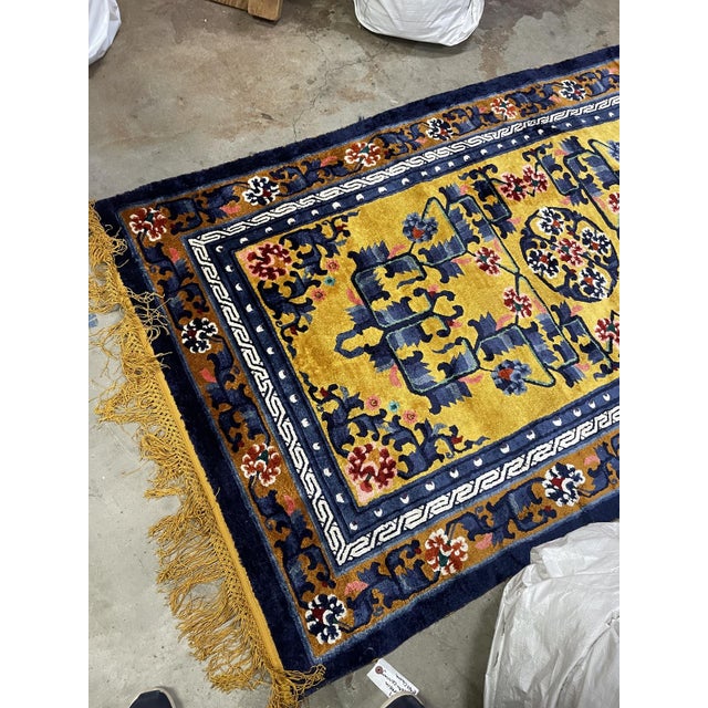 Vintage 1950s Chinese Art Deco Silk Rug, Golden Yellow Field, 4'2" X 7'1" (128cm X 216cm) For Sale In New York - Image 6 of 7