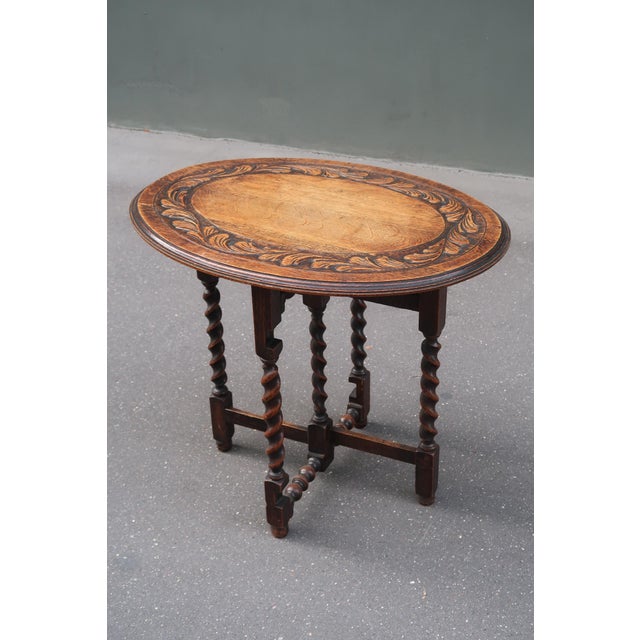Wood Antique Carved Tiger Oak Folding Tea Coffee Table Barley Twist End of XIXth Century For Sale - Image 7 of 13