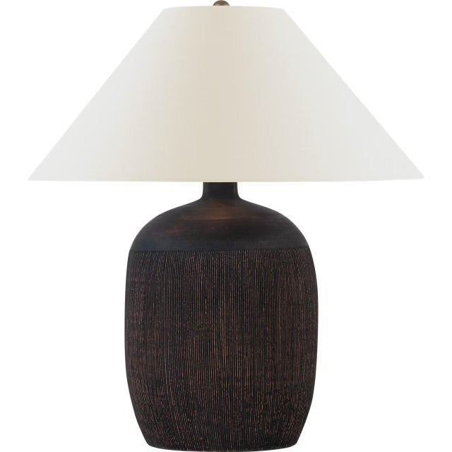Transitional Chapman & Myers by Visual Comfort Signature Portis 32" Combed Round Table Lamp in Black Wash Terracotta with Linen Shade For Sale - Image 3 of 3