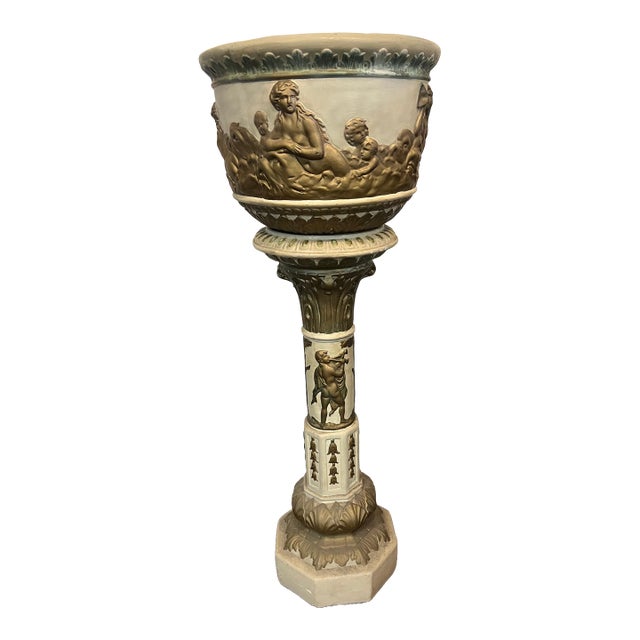 1950's Italian Plaster Cherub Pedestal Jardinier Gold For Sale