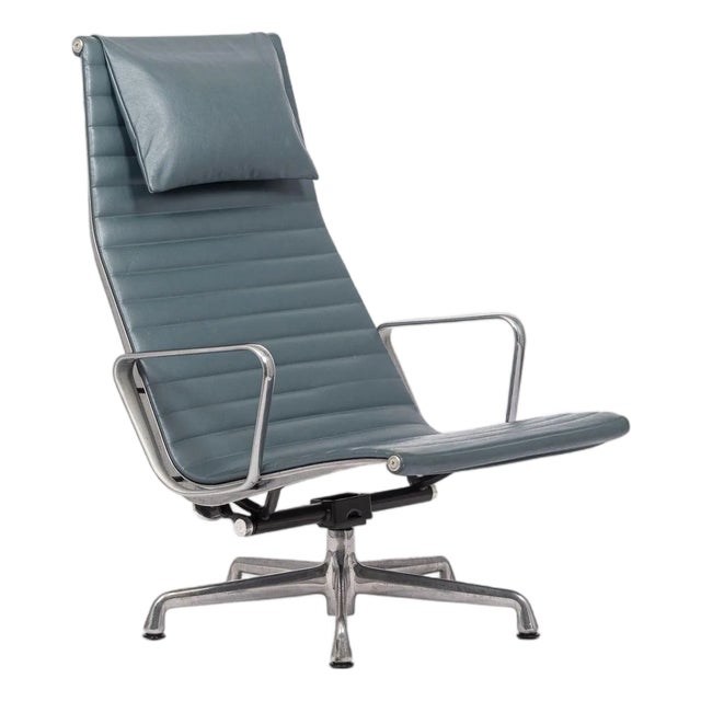 Eames Blue Gray Leather Office Lounge Chair for Herman Miller - Pair Available For Sale