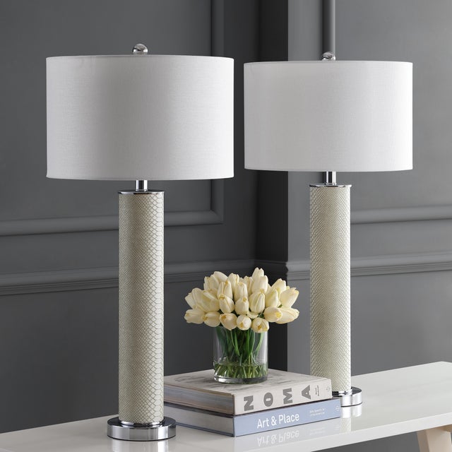 31.5 Inch H Faux Snakeskin Table Lamp in Cream - a Pair For Sale In Philadelphia - Image 6 of 8