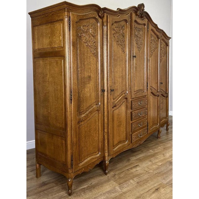 Vintage French Louis XVI Five Door Oak Carved Armoire For Sale - Image 12 of 14