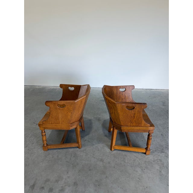 Mid-Century Modern Pair of Dutch Colonial Style Vintage Oak Barrel Back Chairs For Sale - Image 3 of 12