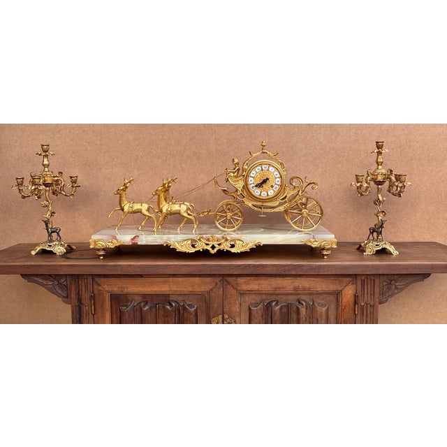 Early 20th Century Carriage Clock With Deer And Candlesticks In Gilt Bronze For Sale - Image 4 of 13