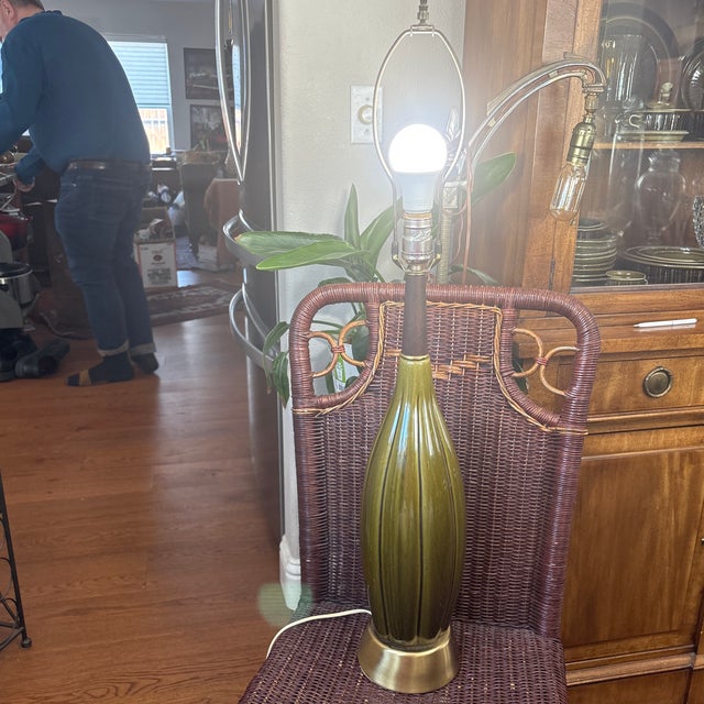 1950s Mid Century Modern Olive Green Pottery Lamp Circa 1950 For Sale - Image 5 of 5