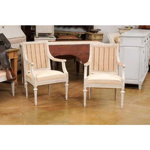 Gustavian (Swedish) 1900s Swedish Gustavian Style Painted Wood Armchairs with Carved Aprons - A Pair For Sale - Image 3 of 11