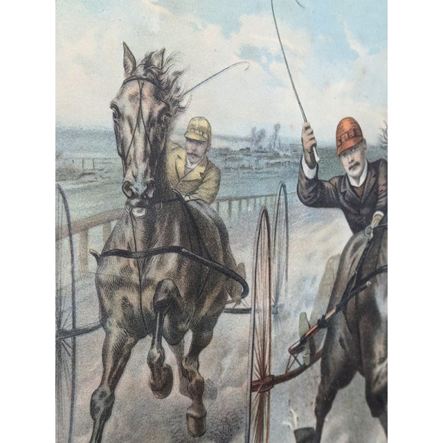 Sky Blue Vintage Currier & Ives “A Race for Blood!” Equestrian Harness-Racing Artwork After Louis Maurer, Framed For Sale - Image 8 of 14