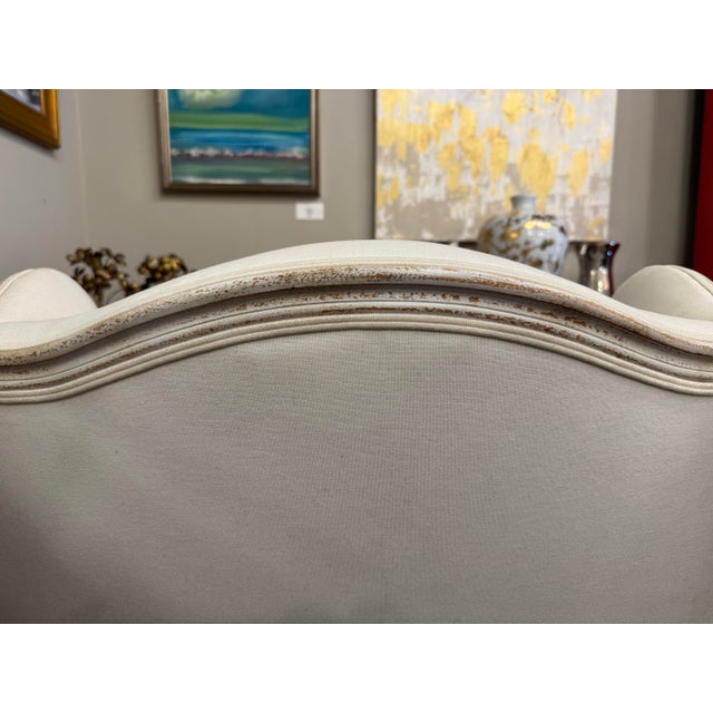 Late 20th Century Vintage French Louis XVI Wingback Linen Mr and Mrs Chair For Sale - Image 5 of 7