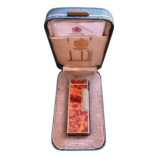 Rare Vintage Dunhill Gold Plated Cognac Marble Lacquer Lighter Original Sky Case For Sale
