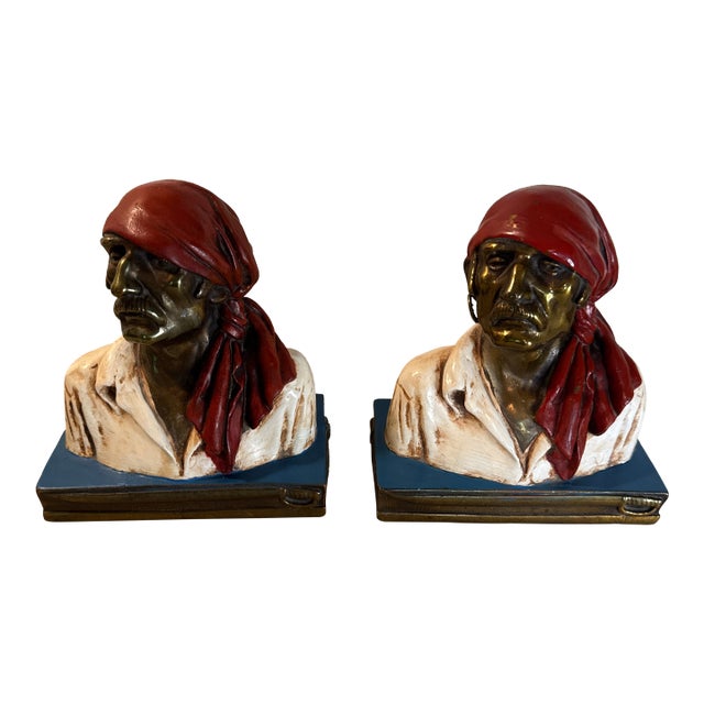 Pair of Vintage Paul Herzel Cast Bronzed Metal Pirate Buccaneer Bookends Signed For Sale