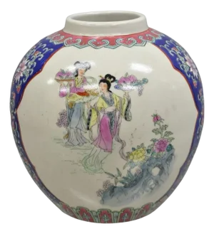 Vintage Chinese Ceramic Porcelain Bulbous Jardiniere Vase With Figures
